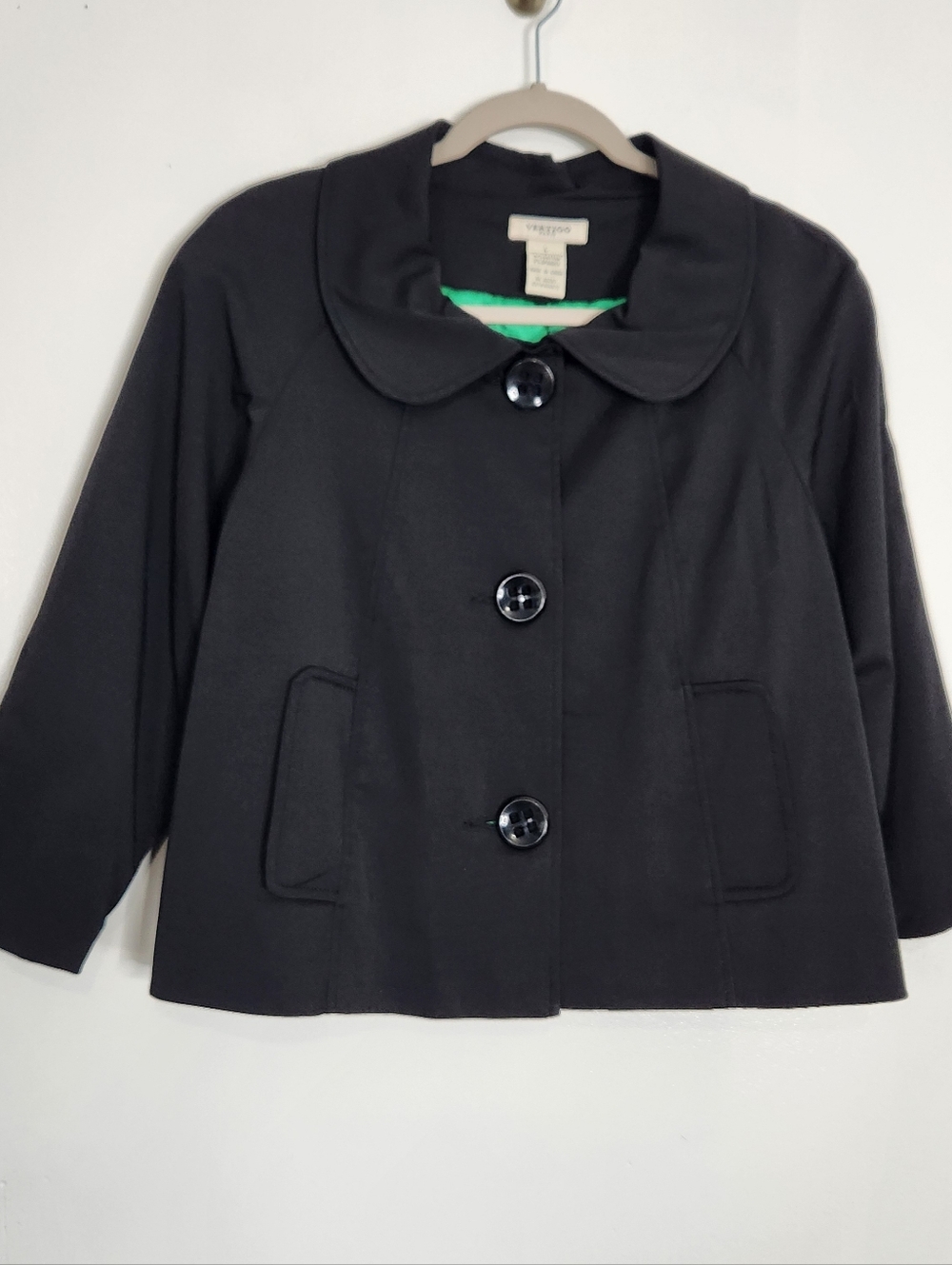 Vertigo Paris Cropped Jacket Large Black 3/4 Sleeve Green Satin Lining Chic